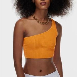 Babaton sculpt knit one shoulder cropped tank in orange